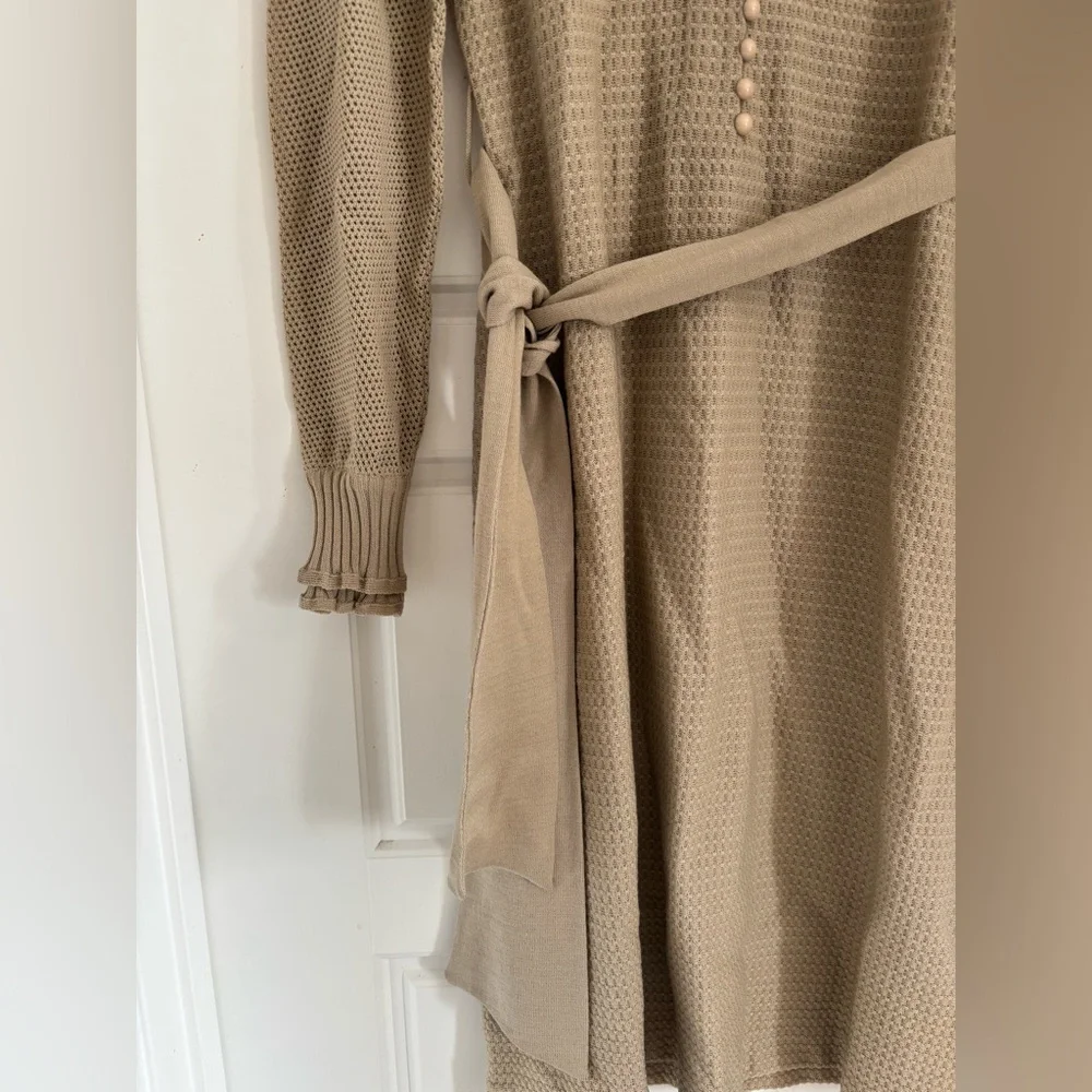 Vintage 100% Pure Wool Midi Dress Bib Collar Neutral French Sezane Vibes S M - Picture 5 of 7